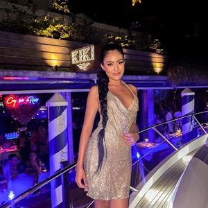 MESHKI Meilani Low Back Diamante Mesh Mini Dress - Gold